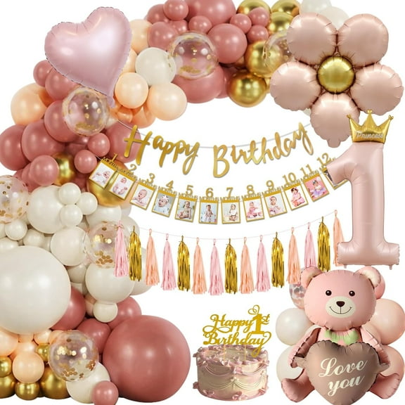 1st Birthday Decoration for Girl, First Birthday Party  Decorations with Happy Birthday Banner, Cake Topper, Bear Balloon Photo Banner, Dusty Pink and Gold Balloons