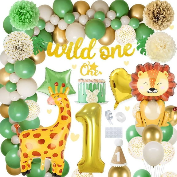 1st Birthday Decoration for Boy Girl, Wild One Balloon, Jungle Themed Party Decoration with 1 Year Balloons, Happy Birthday Banner