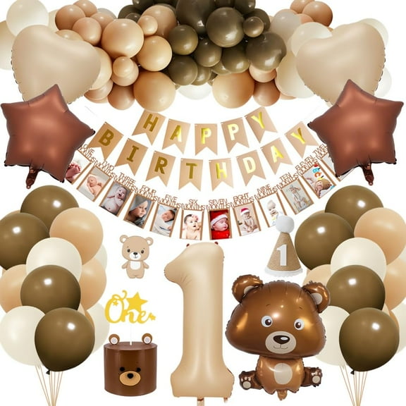 1st Birthday Decorations for Boy, Bear First Birthday Party Decoration with Bear Foil Balloon, Monthly Photo Banner, Number 1 Balloon, Beige Coffee Balloon