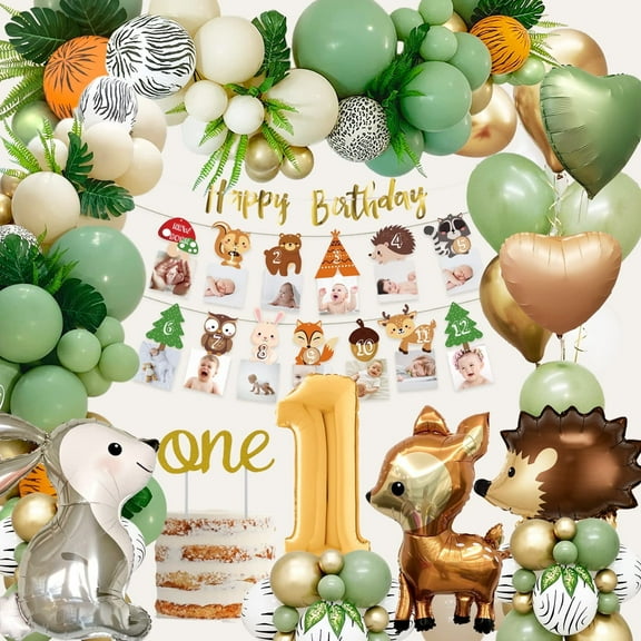 1st Birthday Decorations for Boy Girl, First Jungle Kids Birthday Decorations with Happy Birthday Banner, Sage Green 1st Party Balloons for Wild One Safari Party Decoration