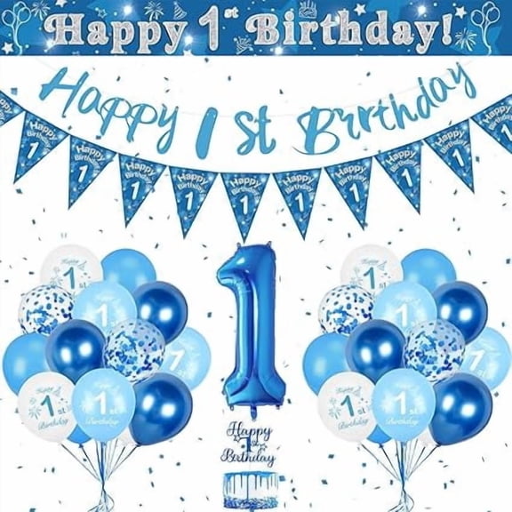 1st Birthday Decorations for Boys, Blue 1st Balloons Happy Birthday Banner for Party Decoration, Number 1 Balloon Triangle Flag Confetti Balloons for Boy First Party Supplies