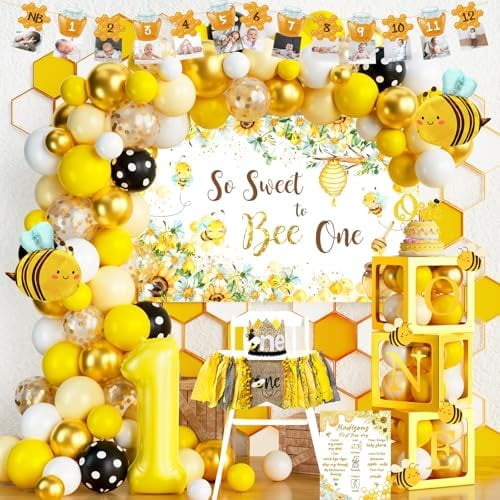 1st Birthday Decorations - Bumble Bee & Honey Bee Themed Party Pack, Includes Backdrop, Balloon Banner, Cake Topper, Crown, Box Cutouts$$Home Decor, Kitchen, & Other