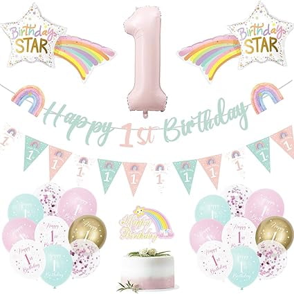 1st Birthday Decorations For Girls, 1st Birthday Balloons, Set With Rainbow Balloons, Triangle Banner
