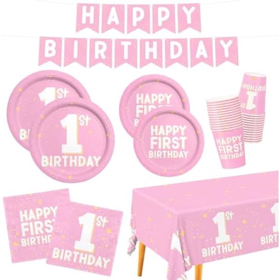 1st Birthday Decorations Girl- Baby Girl Party Supplies Kit for 25 Guests | Includes Plates, Napkins, Cups, Banner & Tablecloth | First Birthday Decorations for Girl$$Home Decor, Kitchen, & Other