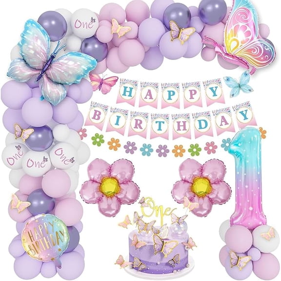1st Birthday Decorations Girl, Pink Purple Birthday Balloons, First Birthdays Girl, Set with Butterfly Foil Balloons, Happy Banner Number 1 Balloon Butterfly Stickers Party Decoration