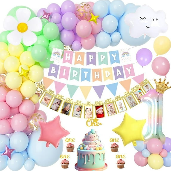 1st Birthday Decorations for Girls, First Birthday Party Decorations with Month Photo Banner, 1 Foil Balloon, Cake Topper, Rainbow Happy Birthday Triangle Banner