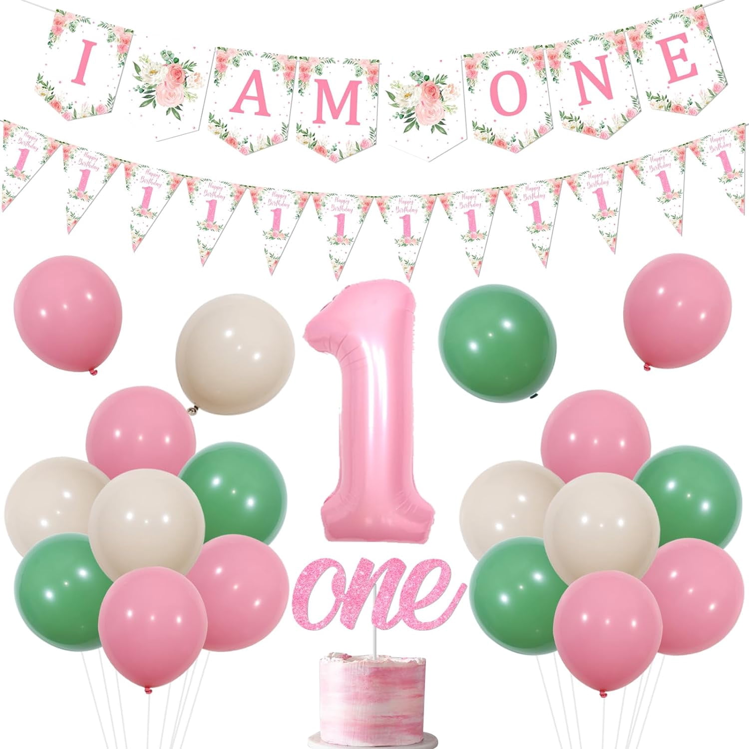 1st Birthday Decorations for Girls Pink Floral, Sage Green White and ...