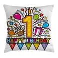 thumbnail image 1 of 1st Birthday Decorations Throw Pillow Cushion Cover, Cartoon Pop Art Style Celebration Party with Cake and Balloons, Decorative Square Accent Pillow Case, 18 X 18 Inches, Multicolor, by Ambesonne, 1 of 2