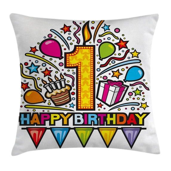 1st Birthday Decorations Throw Pillow Cushion Cover, Cartoon Pop Art Style Celebration Party with Cake and Balloons, Decorative Square Accent Pillow Case, 24 X 24 Inches, Multicolor, by Ambesonne