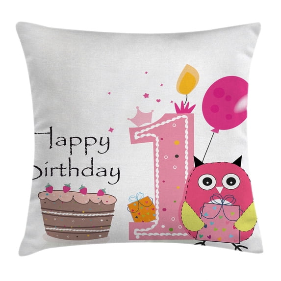 1st Birthday Decorations Throw Pillow Cushion Cover, First Birthday Cake Candle Sketchy Cartoon Owl Image, Decorative Square Accent Pillow Case, 16 X 16 Inches, Brown Hot Pink and Pink, by Ambesonne