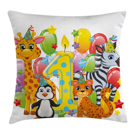 1st Birthday Decorations Throw Pillow Cushion Cover, Kids Party with Baby Safari Animals Zebra Lion Balloons Backdrop, Decorative Square Accent Pillow Case, 16 X 16 Inches, Multicolor, by Ambesonne
