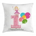 thumbnail image 1 of 1st Birthday Decorations Throw Pillow Cushion Cover, Princess Fairy Party Theme with Wish Wand and Balloons, Decorative Square Accent Pillow Case, 18 X 18 Inches, Light Pink and Lilac, by Ambesonne, 1 of 2