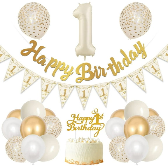1st Birthday Decorations for Boy Girl, White Gold First Birthday Party Decoration with Happy Birthday Banner, Number 1 Foil Balloon for Baby Girl Boy