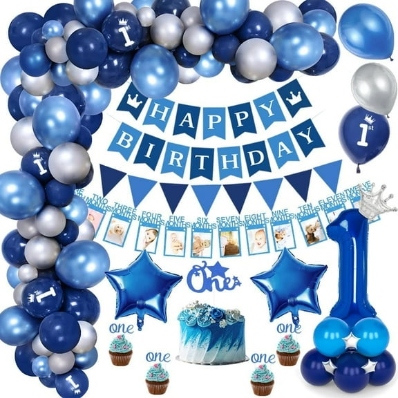 1st Birthday Decorations for Boys, First Birthday Party Decoration with Baby Month Photo Banner, Blue Silver Latex Balloons, Happy Birthday Banner