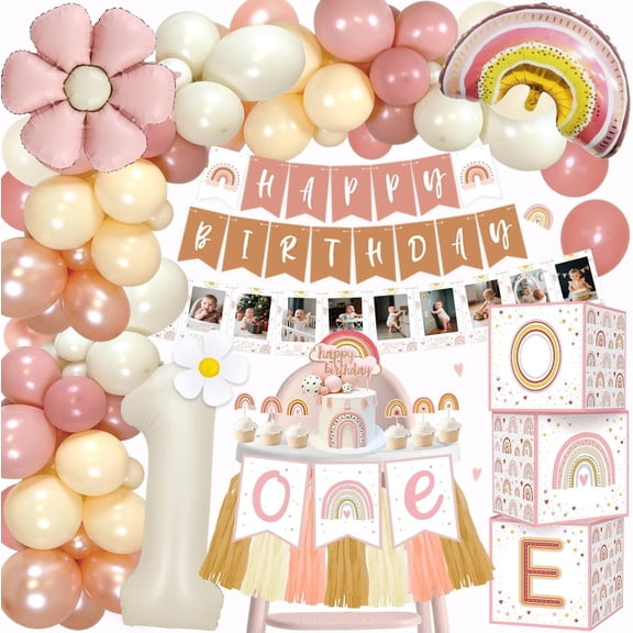 1st Birthday Decorations for Girls, Boho Pink First Birthday Decoration for Girls Set with Photo Banner, Balloon Box, Number 1 Balloon