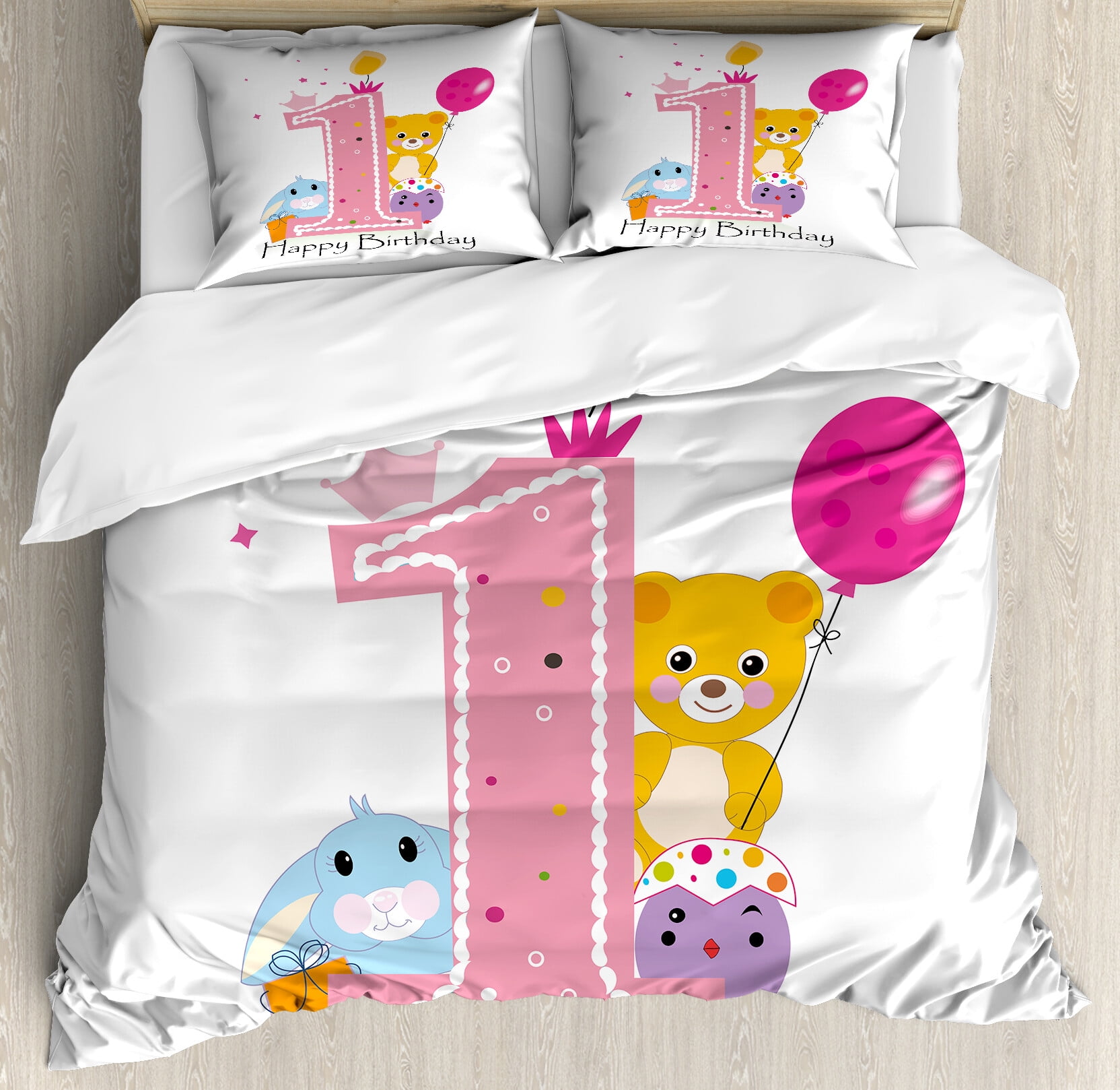 1st Birthday Duvet Cover Set Cartoon Girl and Party Cake with Candle Teddy Bear Print Decorative 3 Piece Bedding Set with 2 Pillow Shams King Size Pale Pink Hot Pink by Ambesonne