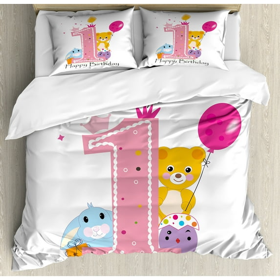 1st Birthday Duvet Cover Set, Cartoon Girl and Party Cake with Candle Teddy Bear Print, Decorative 3 Piece Bedding Set with 2 Pillow Shams, Queen Size, Pale Pink Hot Pink, by Ambesonne