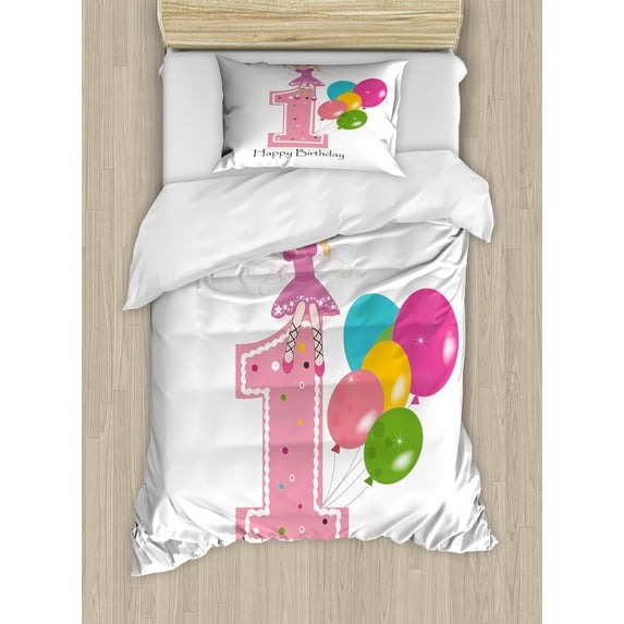 1st Birthday Duvet Cover Set, Cartoon Party Theme with Best Wishes Pink Wand and Balloons, Decorative 2 Piece Bedding Set with 1 Pillow Shams, Twin Size, Pale Pink and Lilac, by Ambesonne