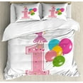 thumbnail image 1 of 1st Birthday Duvet Cover Set, Cartoon Party Theme with Best Wishes Pink Wand and Balloons, Decorative 3 Piece Bedding Set with 2 Pillow Shams, King Size, Pale Pink and Lilac, by Ambesonne, 1 of 3
