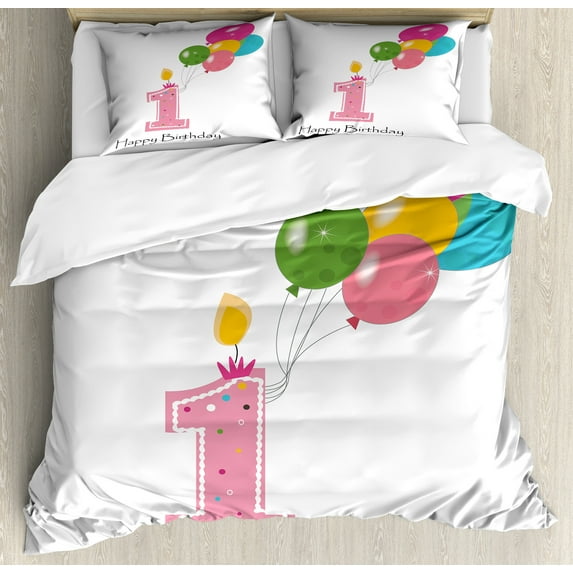1st Birthday Duvet Cover Set, Girl Party Candlestick with Colorful Balloons Print, Decorative 3 Piece Bedding Set with 2 Pillow Shams, Calking Size, Pale Pink White, by Ambesonne
