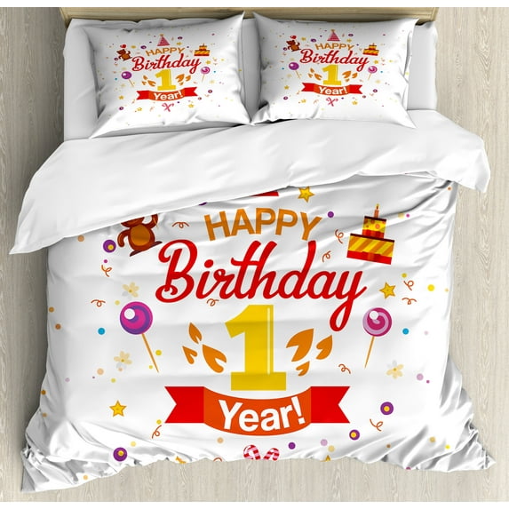 1st Birthday Duvet Cover Set, Birthday Party with Cones Teddy Bear Candies and a Cake Print, Decorative 3 Piece Bedding Set with 2 Pillow Shams, Calking Size, Red Marigold and Purple, by Ambesonne