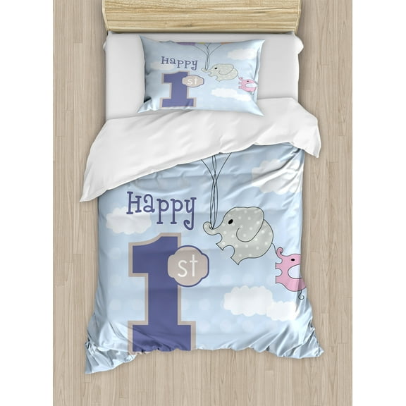 1st Birthday Duvet Cover Set, in the Sky with Hand Drawn Style Balloons Party Theme, Decorative 2 Piece Bedding Set with 1 Pillow Shams, Twin Size, Sky Blue and Grey, by Ambesonne