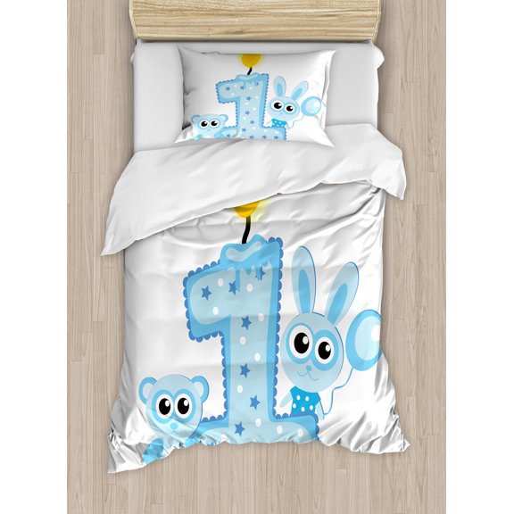 1st Birthday Duvet Cover Sets, Boys Party Theme with a Cake and Candle Rabbit and Bear Animals, Bedding Set with 2 Duvet Covers & 2 Pillowcases, 2 Pack Twin Size, Pale Blue Pale Blue, by Ambesonne