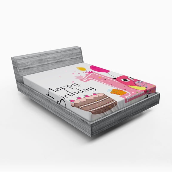 Ambesonne Cartoon Fitted Sheet, First Birthday Cake, Full Size, Brown Hot Pink and Pink