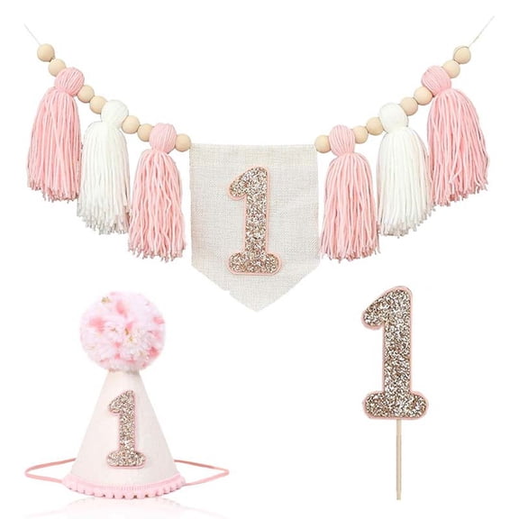 1st Birthday Girl Decorations 3 Pack, Boho High Chair Banner, Birthday Party Hat & Cake Topper, Pink Glitter Number 1 Cake Smash Decor Set for Baby First Birthday Party