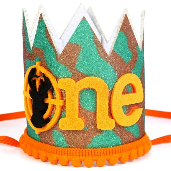 1st Birthday Glitter Hat - Hunting First Birthday Crown, Deer One Theme Party Decorations for Baby Boys Green, One Year Old Supplies Favors