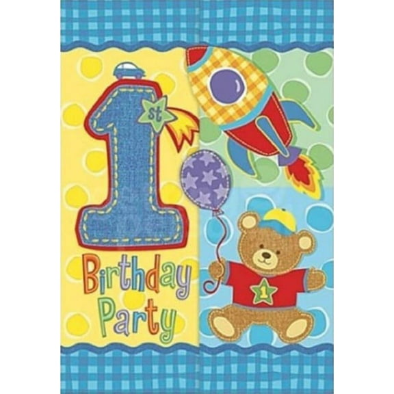 1st Birthday Hugs & Stitches Teddy Bear Invitations w/ Envelopes (8ct)