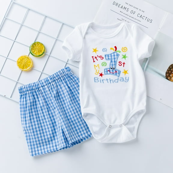 1st Birthday Outfit for Boy Baby Romper Bodysuit with Blue Plaid Shorts Clothes Set（12-24months）