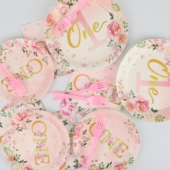 1st Birthday Paper Party Plates Napkins Forks Pink Gold Disposable Kids Disposable Plates Set Baby Girl First Birthday Plate Set