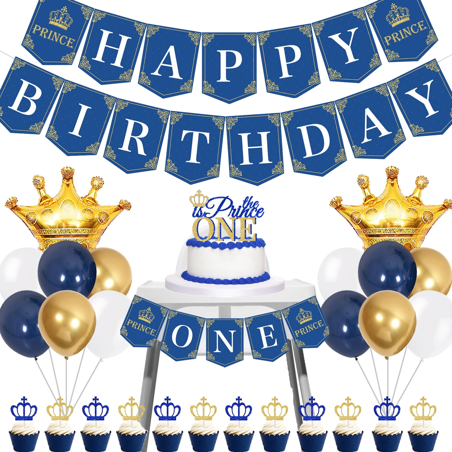 1st Birthday Party Decoration Baby Boy, First Birthday Blue Royal Prince Theme  Party Supplies, Happy Birthday Banner, Crown Balloons,Blue Metallic Latex  Balloons 