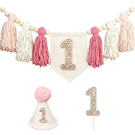 1st Birthday Party Decorations, Pink High Chair Banner with Tassels & Wood Beads, Cone Hat, Sparkly Number 1 Cake Topper, Sweet 1st Birthday Supplies for Photo Props & Party Decoration