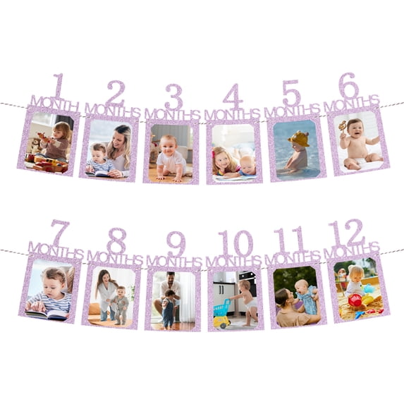 1st Birthday Photo Banner Decorations from 1 to 12 Months Pink 12 Pieces