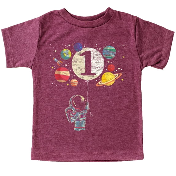 1st Birthday Rocket Astronaut Themed T-Shirts with Moon Balloon and Planets for Boys and Girls Vintage Burgundy Shirt 12 Months