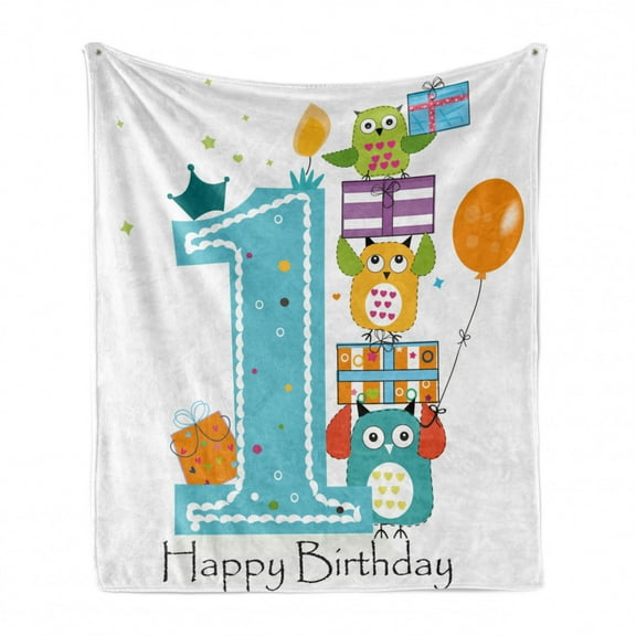 1st Birthday Soft Flannel Fleece Throw Blanket, First Cake with Candle Owls Family with Box Party Theme Print, Cozy Plush for Indoor and Outdoor Use, 60" x 80", Sky Blue Orange, by Ambesonne