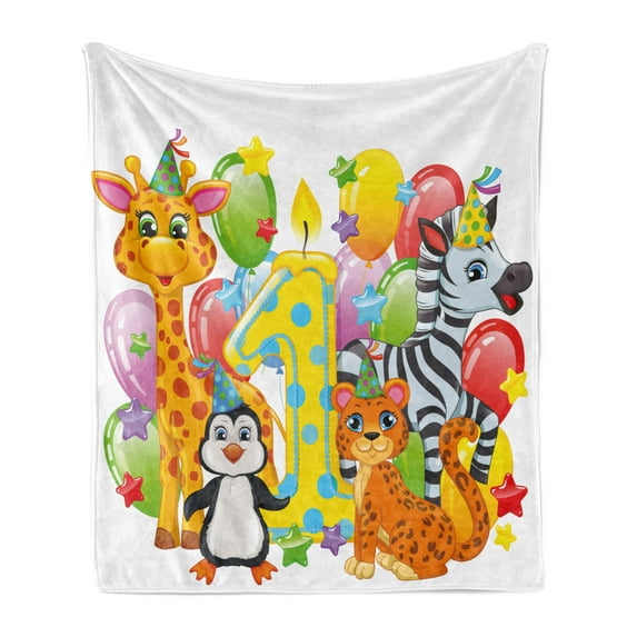 1st Birthday Soft Flannel Fleece Throw Blanket, Kids Party with Baby Safari Animals Zebra Lion Balloons Backdrop Colorful, Cozy Plush for Indoor and Outdoor Use, 50" x 60", Multicolor, by Ambesonne