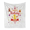 thumbnail image 1 of 1st Birthday Soft Flannel Fleece Throw Blanket, Birthday Party with Cones Teddy Bear Candies and a Cake Print, Cozy Plush for Indoor and Outdoor Use, 60" x 80", Red Marigold and Purple, by Ambesonne, 1 of 6