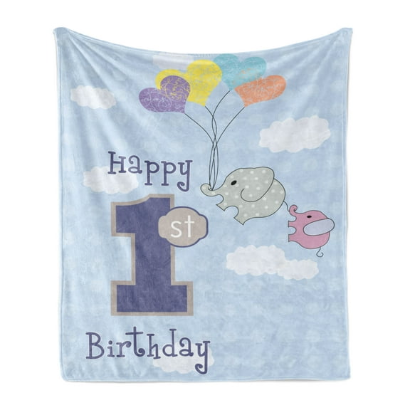 1st Birthday Soft Flannel Fleece Throw Blanket, in the Sky with Hand Drawn Style Balloons Party Theme, Cozy Plush for Indoor and Outdoor Use, 50" x 70", Sky Blue and Grey, by Ambesonne