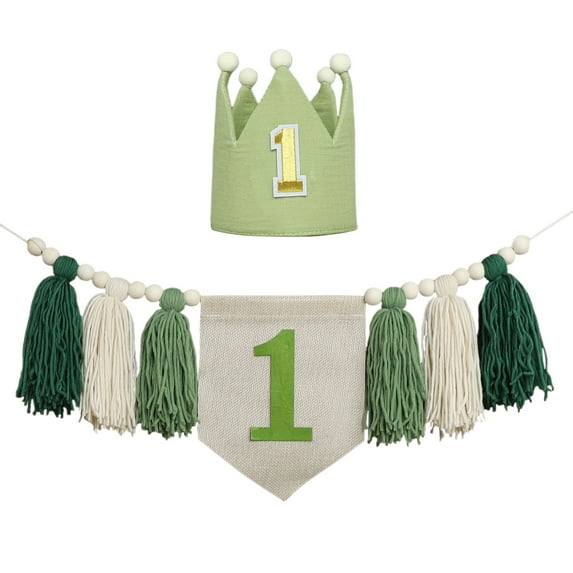 1st Birthday Tassel Banner | High Chair Decoration | Pre-Assembled Party Decor | Blue, Green, Pink, Brown | Soft Cloth Fabric | 20x15x5cm