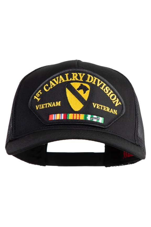 1st Cavalry Division Vietnam Veteran Patched Solid Cotton Twill 5 panel Mesh Back Cap - Black OSFM