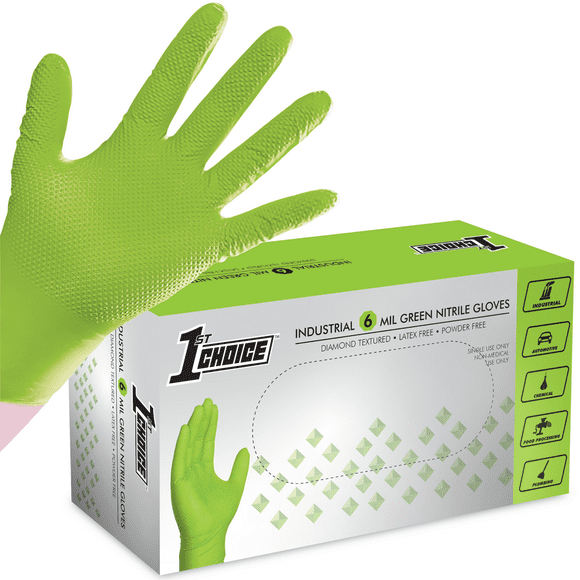 1st Choice Green Disposable Nitrile Gloves, Size Medium, 100 Count, Diamond Grip