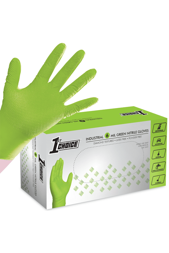 Green Disposable Nitrile Gloves, Size Medium, 100 Count, Diamond Grip