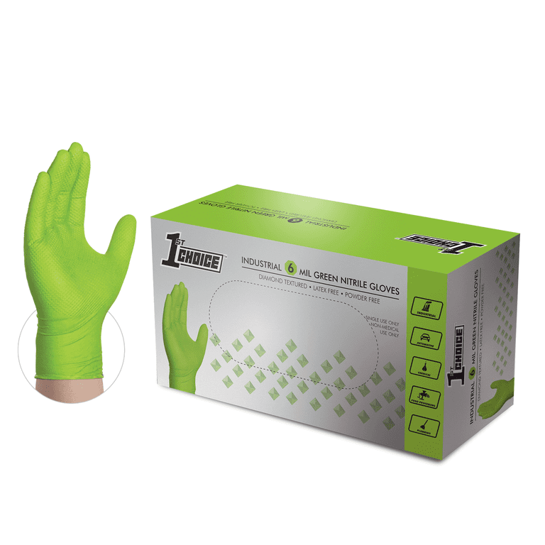 1st Choice Green Nitrile Disposable Gloves 6 Mil Textured Medium 100