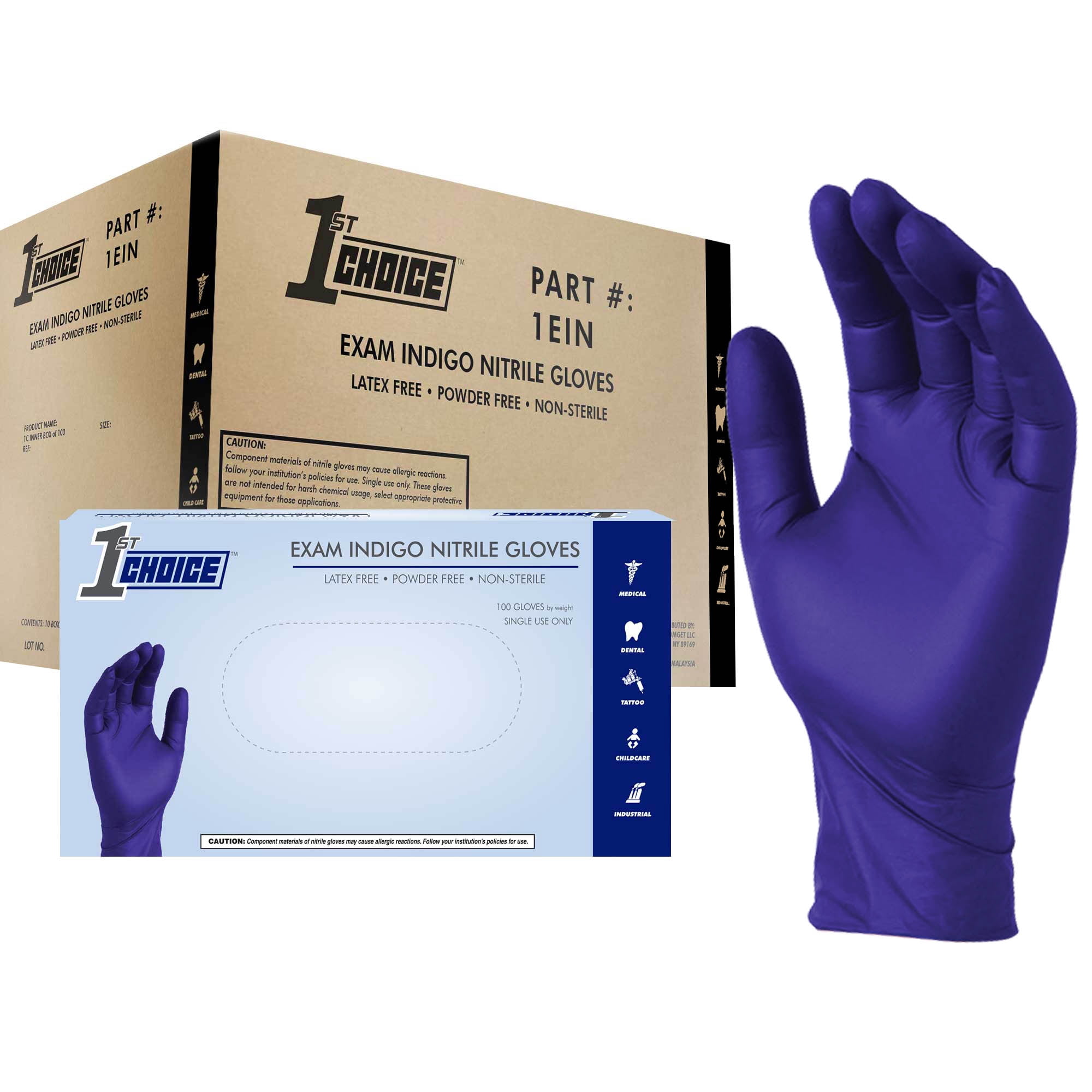 1st Choice Indigo Nitrile Exam Gloves, Size Large, 1000 Count, Light-Duty