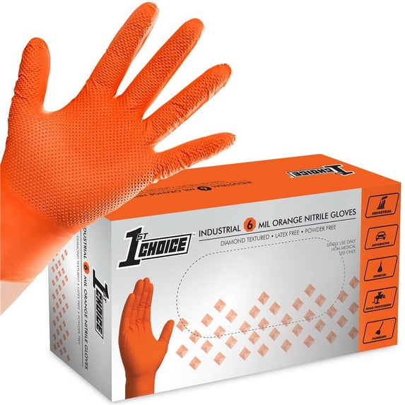 1st Choice Orange Disposable Nitrile Gloves, Size Large, 100 Count, Diamond Grip