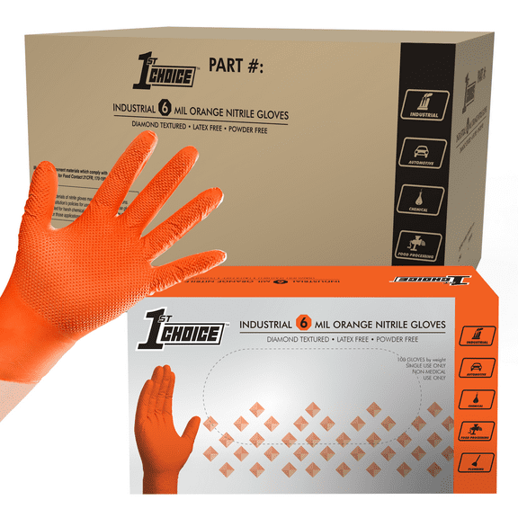 1st Choice Orange Disposable Nitrile Gloves Size Large, 1000 Count, Diamond Grip