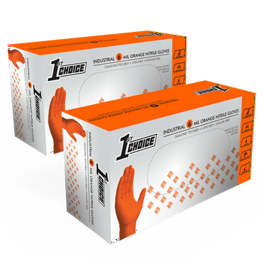 1st Choice Orange Disposable Nitrile Gloves, Size Large, 200 Count, Diamond Grip